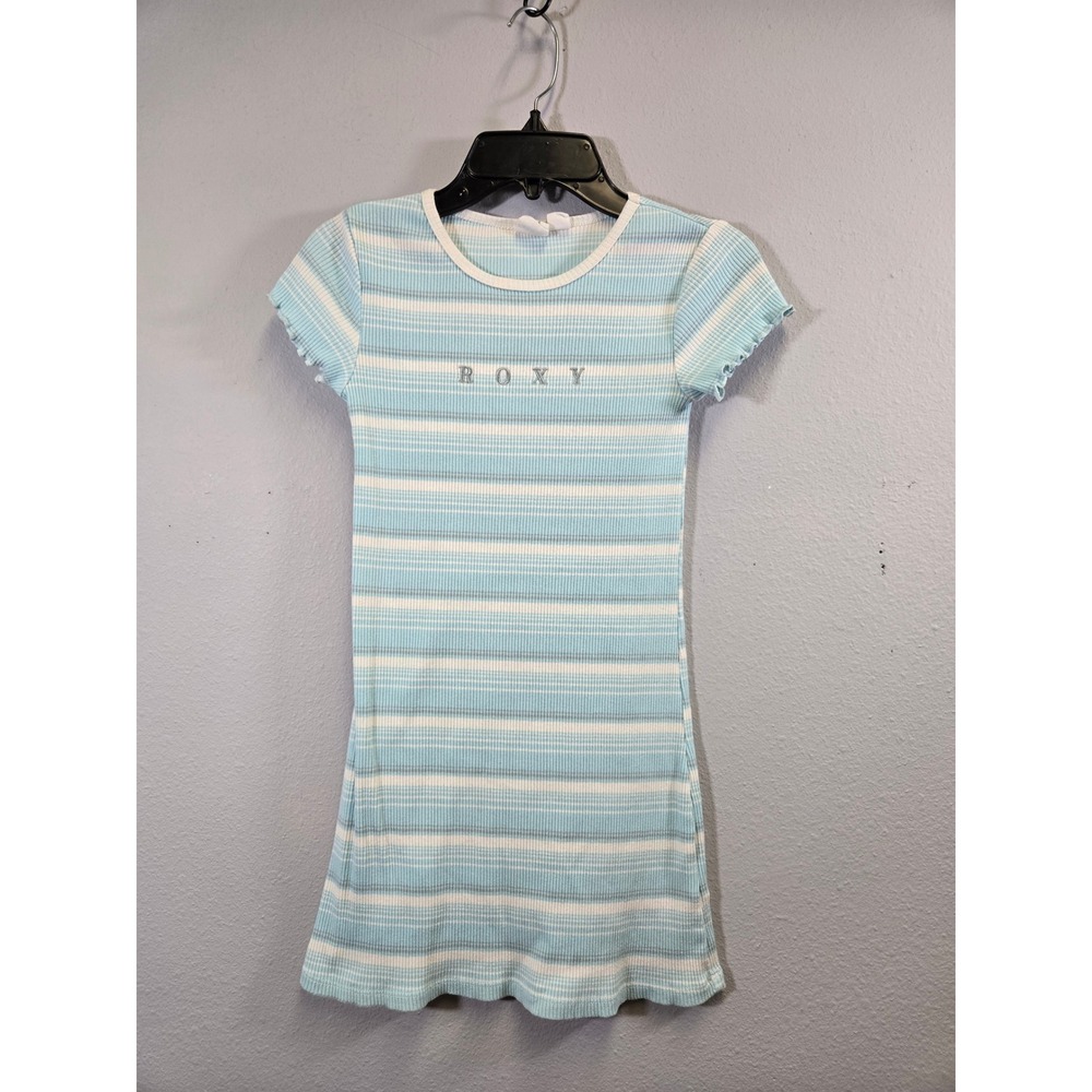 Roxy Striped Ribbed Knit Lettuce Trim Mini Dress Blue White Size S 7/8